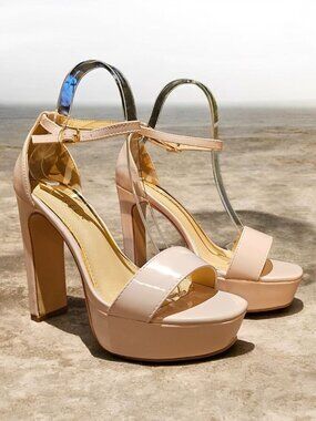 Nude Patent Leather Platform High Heel Sandals With Ankle Strap